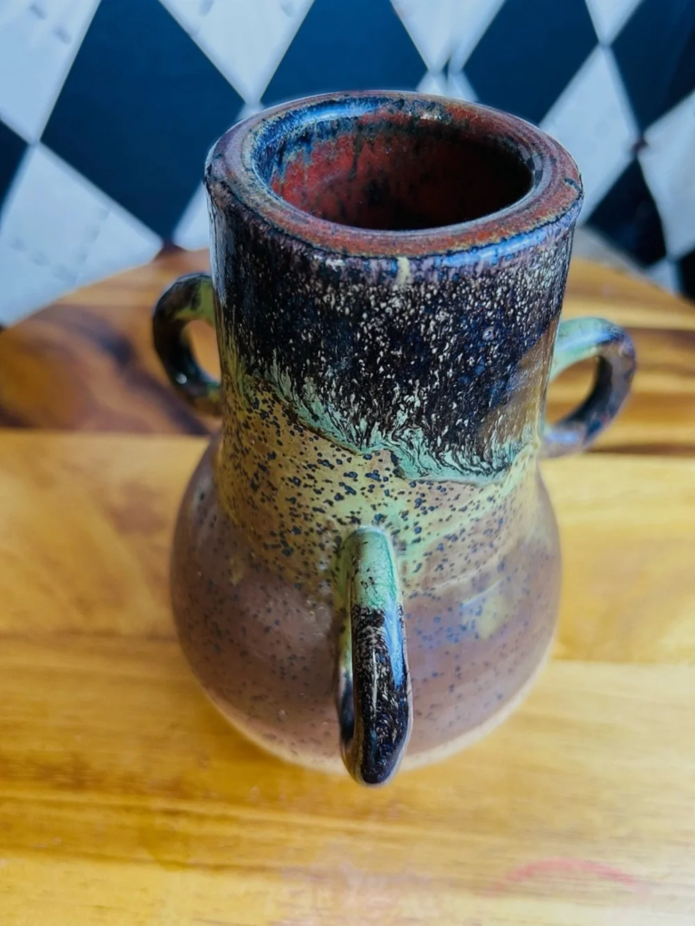 Triple Handle Studio Pottery Vase Signed Speckled Earth‎ Tone Rustic Green Beige